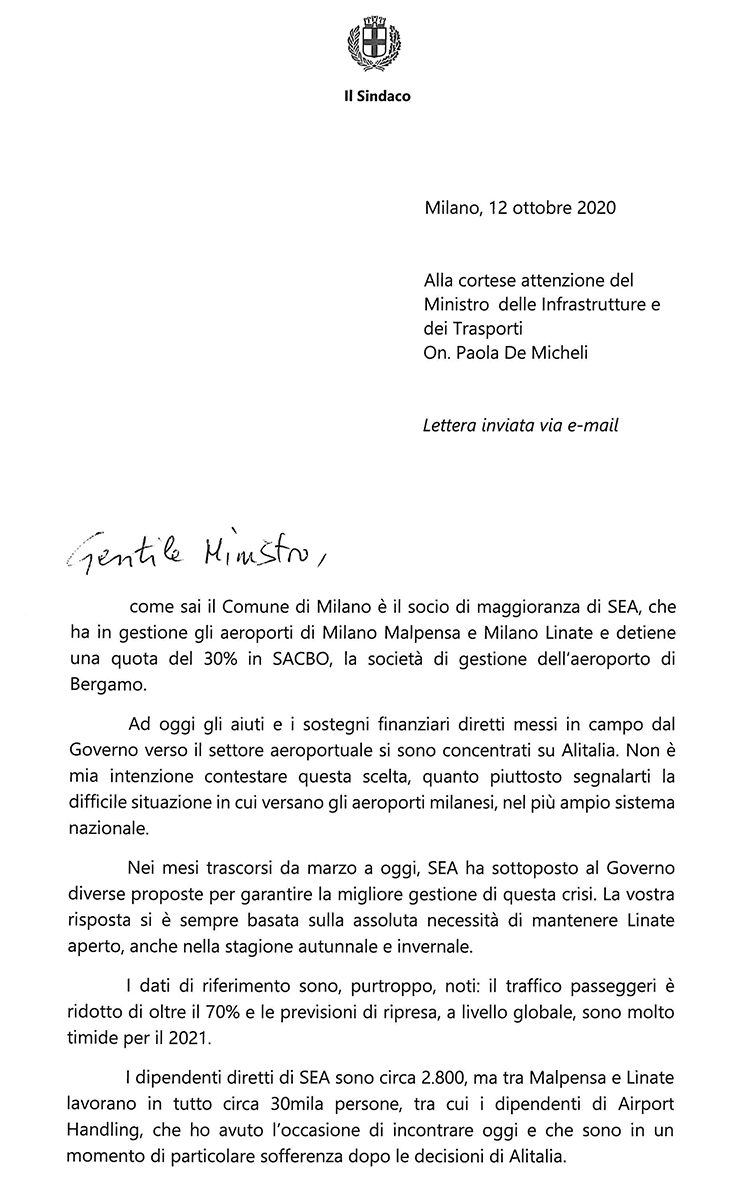 Lettera Sindaco BeppeSala al Ministro De Micheli 1