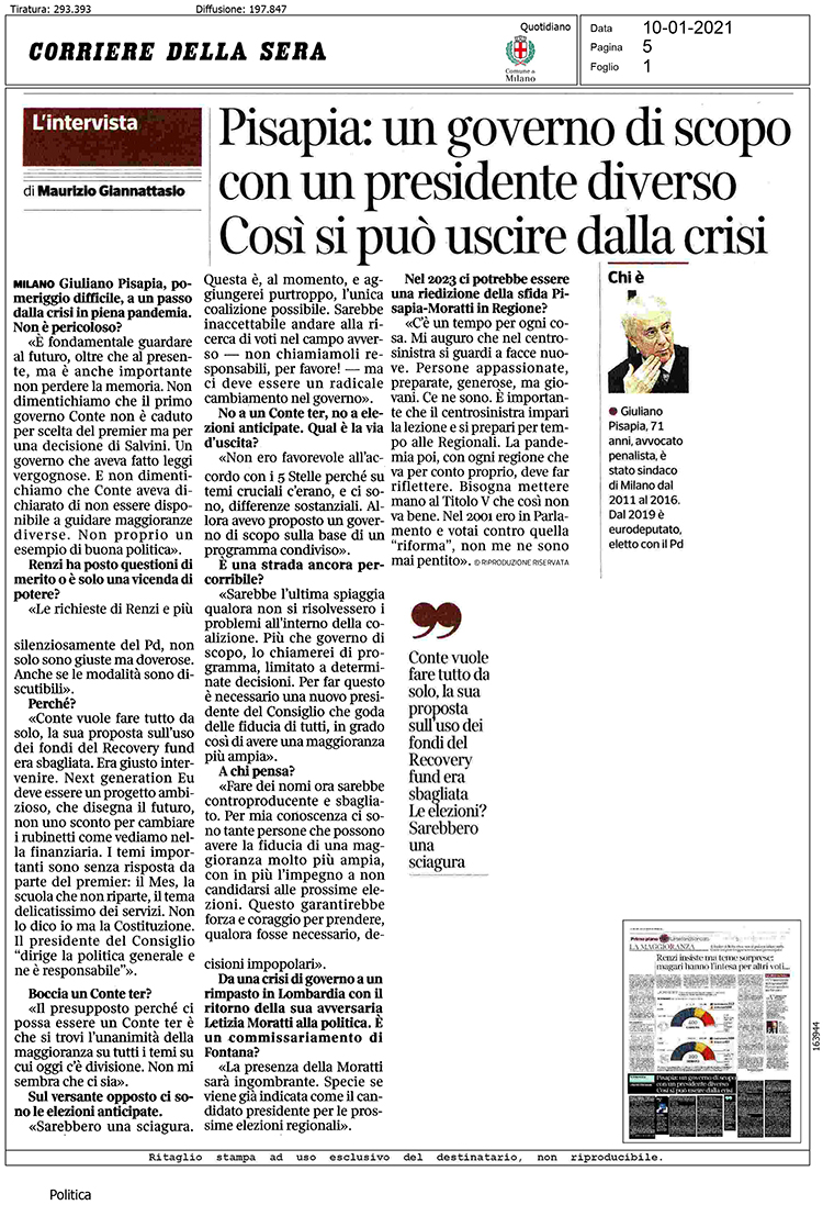 PISAPIA Intervista Corriere della sera 2021 01 10